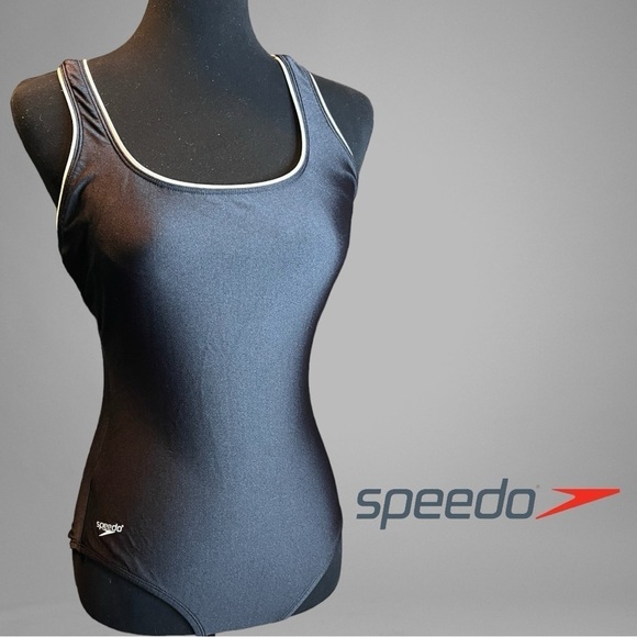 Speedo Womens Ultraback One Piece Swimsuit Black with White Piping Size 6 - Picture 2 of 10